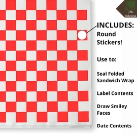 1000 Sheets of Red and White Checkered, Grease - Resistant, Basket Liners/Deli Paper with Round Labels