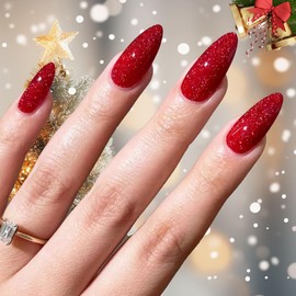 BABALAL Red Press on Nails Medium Almond Fake Nails Burgundy Red Glitter Bling Acrylic Nails Christmas False Nails Manicure Stick on Nails 24Pcs Stiletto Artificial Nails