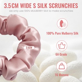 Annauiy Seiden Scrunchies,100% Maulbeerseide,16 Momme,2 Stück,Haargummi für Damen und Mädchen,3,5CM Breit,Schwarz, Rosa