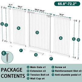 Fairy Baby 40.5" Extra Tall Baby Gate No Drill, 65.8"-72.2" Extra Wide Large Dog Gate, Pressure Mounted Walk Through Adjustable Tension Safety Gate, Auto Close Child Pet Gate for Stairs Doorway, White