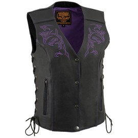 Milwaukee Leather ML1296 Women's Black/Purple Leather Side Laced Motorcycle Vest w/Reflective Tribal - Medium