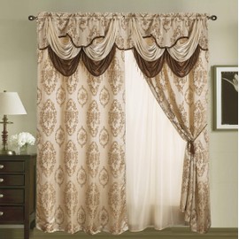 Rod Pocket Jacquard Window 95 Inch Length Curtain Drape Panels w/ Attached Valance + Sheer Backing + 2 Tassels - 95" Floral Curtain Drape Set for Living & Dining Rooms, Heavy, (Layla, 95”, Beige)