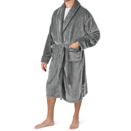 PAVILIA Mens Soft Robe, Plush Warm Bathrobe for Men, Long Spa Robe with Shawl Collar, Pockets, Trim Piping (Grey)