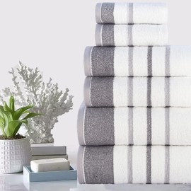 CASA COPENHAGEN White Bay 600 GSM Egyptian Cotton Towel for Hotel Spa Kitchen Bathroom, Set of 6, 2Bath, 2Hands, 2Washcloths - White with Dark Grey Light Grey Border