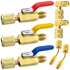 Mudder 7 Pcs Air Conditioning Refrigerant Compact Ball Valve 1/4 Inch for R410A R134A R12 R22 HVAC Adapter 5/16Inch Female to 1/4Inch Male Flare (3 Straight Ball Valve, 2 Angle+2 Right Angle Adapter)