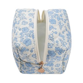 WHHJM Cube Cosmetic Makeup Bag Small Cotton Quilted Makeup Pouch for Purse Cute Floral Travel Toiletry Zipper Pouch (Blue Floral)