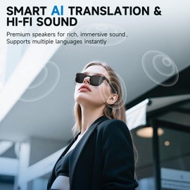 Jcodgle AI Translator Smart Glasses with Bluetooth Audio, Photochromic Lenses, Voice Assistant, Open-Ear Sunglasses for Men and Women, Real-Time Translation, 110+ Languages Supported (Black)