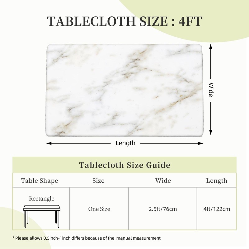 White Marble Texture Rectangular Tablecloth with Elastic Edge 4FT Waterproof