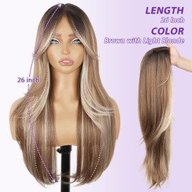 Eawwii Brown with Light Blonde Glueless Wigs for Women Pre Cut Synthetic Lace Hairline Long Layered Straight Hairstyle 26 Inch