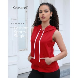 Xeoxarel Women's Sleeveless Tank Top Hooded Vest, T-Shirt for Athletic Workout Exercise Lightweight Relaxed Breathable Red L