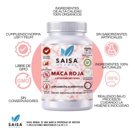 Maca Roja Orgánica 100 Pura Cápsulas Suplemento Alimenticio Saisa Herbal Salud Ósea Antioxidante Energía