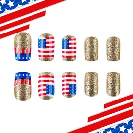 American Flag Press on Nails 24Pcs Glossy French Tips Stick on Nail 4th of July Fake Nails Medium Square Acrylic Full Cover False Nail Fourth of July Gel Glue on Fingernails for Holiday Manicure Art