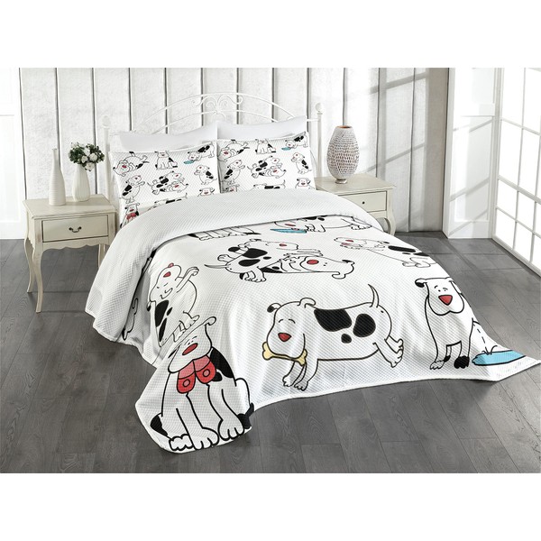 Lunarable Dog Lover Bedspread, Cartoon Dogs Dachshund Joy Expression Eating Happy Playing Enjoying, Decorative Quilted 3 Piece Coverlet Set with 2 Pillow Shams, King Size, Charcoal White