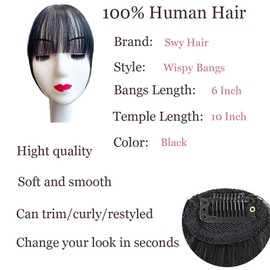 Bangs Hair Clip in Bangs 100% Real Human Hair Extensions Wispy Bangs Clip on Air Bangs for Women Hairpieces Curved Bangs for Daily Wear (A-Natural Black, Wispy Bangs)
