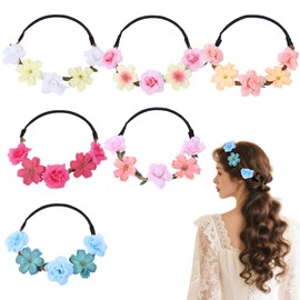 Mowouhn Adjustable Boho Flower Crown,Floral Headbands for Girls&Women,Flower Crowns for Women,Flowers Headband Garland with Elastic Ribbon for Bridesmaids Hawaiian Party Oktoberfest Wedding Festival