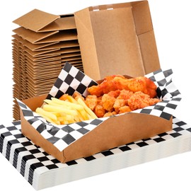 Thenshop 200 Pcs Kraft Paper Food Tray and Disposable Wrapping Paper Set - 4 Corner Pop up Food Box - Foldable Cardboard Trays - Greaseproof Paper Box for Theater Stadium (Black and White)