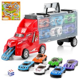 The Magic Toy Shop Car Transporter Truck with 12 Storage Slots, Built-in Car Launcher, 6 Mini Diecast Cars, 1 Dice and Racing Board Game - Toy Lorry, Car Carrier Truck Toy, Car Transporter Toy