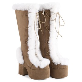 FancyQueen Platform Knee High Boots Women, Lace Up Goth Platform Faux Fur Boots Gothic Chunky Heel Winter Fuzzy Booties with Zipper