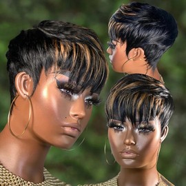 Tgezer Pixie Cut Wig Human Hair Short Pixie Wigs for Black Women Short Glueless Wigs Full Machine Made Wig for Daily Use Color F1B/27/30#