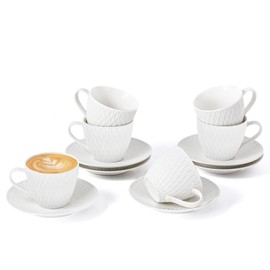 Espresso Cup and Saucer Set of 6, 6 oz Ceramic Cappuccino Barista Cup with Saucer, Stackable Coffee Mugs for Demitasse, Au Lait, Latte, Cafe Mocha, Tea, Birthday Day Thanksgiving Christmas Gift, White