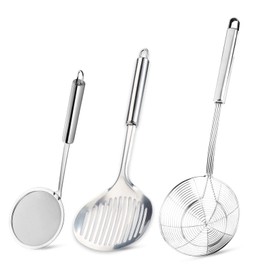 Tenta tenta kitchen Solid Stainless Steel Spider Strainer Skimmer Ladle for Cooking and Frying, Kitchen Utensils Wire Strainer Pasta Strainer Spoon Hot Pot Fat Skimmer Spoon Set of 3