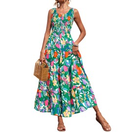 PRETTYGARDEN Smocked Tank Floral Maxi Dresses for Women 2025 Wedding Guest Dress Sleeveless Flowy Long Sundress with Pockets (Green Orange Flower, X-Large)