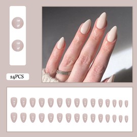 24PCS Nude False Nails - Almond Press on Nails - Milky White Fake Nails - Elegant Stick on with Glue - Full Cover Acrylic Square False Nail Tips for Women Girls Nail Art