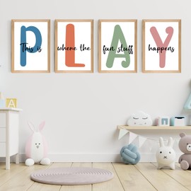Set of 4 Framed Kids Playroom Wall Art Prints Decor for Children Playroom,12x16”Toddler Kids Playroom Canvas Wall Art Prints Framed Toddler Nursery Children Artwork for Kids Bedroom Decoration