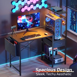 Bestier Gaming Desk with LED Lights, 44 Inch Reversible Computer Desk with Drawers & Storage Shelves for Small Spaces, PC Gamer Table with Storage Bag & Side Hook, Black