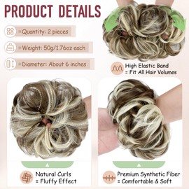 FeidyLong 2 PCS Messy Bun Hair Piece Wavy Curly Scrunchies Synthetic Chignon Ponytail Hair Extensions Thick Updo Hairpieces for Women Girls(Brown Mix Bleach Blonde)