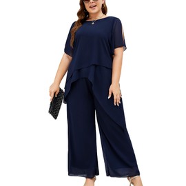 ZOMVA Plus Size Dressy Chiffon Pant Suit 2 Piece for Wedding Mother of The Bride Groom Formal Set Elegant Outfit, Navy, 3X
