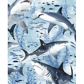 Quality Fabric Sharks Blue Gray Ocean Cotton by The 1/4 Yard (18x22)
