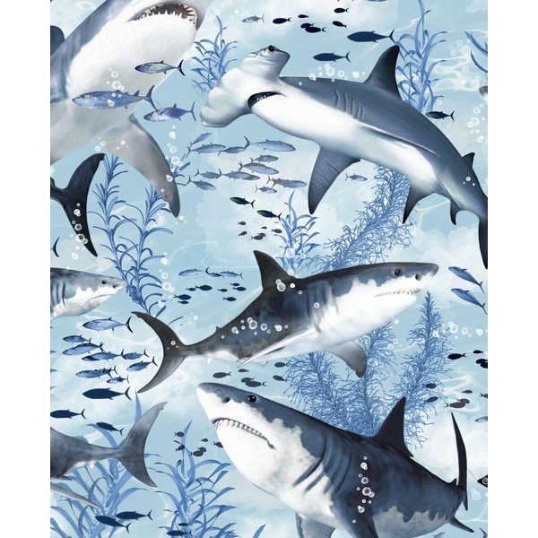 Quality Fabric Sharks Blue Gray Ocean Cotton by The 1/4