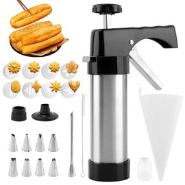 Churro Maker Machine, Stainless Steel Churros Gun Kit with 8 Piping Nozzles, 8 Cookie Discs & Cleaning Brush, 3-in-1 Multifunctional Cookie Press Hollow Churro(COLOR:Black+silver)