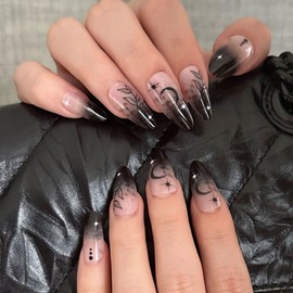 Spring Press on Nails Almond Fake Nails Black Gradient Stick Nails with Sun Stars Moon Design Reusable Full Cover Artificial Acrylic Glue Nails Press on Nails for Women Girls 24Pcs