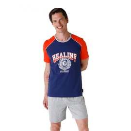 LVB Men's Cotton Jersey T-Shirt and Shorts Pajama Set, Blue and Grey, XL