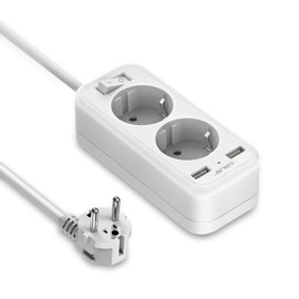 JSVER Steckdosenleiste mit USB,2 Fach Reise Mehrfachsteckdose mit 2 USB Ladegerät Tischsteckdose mit Schalter Verlängerungskabel für Reisen und Büro,1.5m Kabel-Weiß