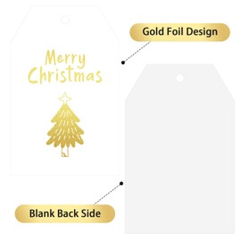 Anwyll Christmas Gift Tags,50Pcs Gold Foil Merry Christmas Gift Wrapping Tags Design with String Attached,White Happy Holiday Gift Tags,Tree Xmas Hanging Paper Gift Tags for Present Holiday Christmas