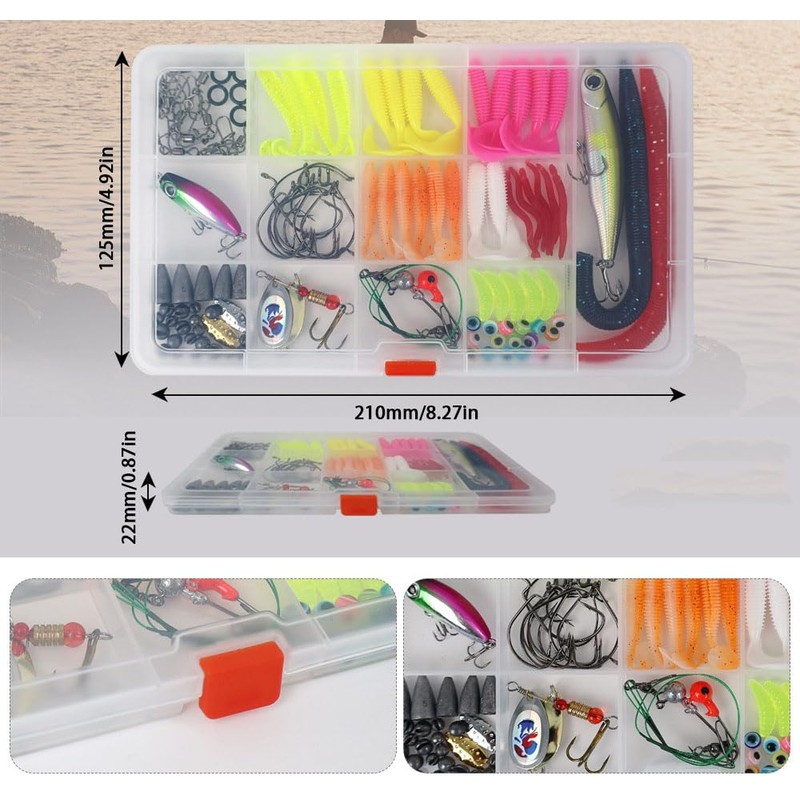 Taicols 114-teiliges Angelköder-Set, weiche Köder, Spinnerbaits, Kunststoff-Würmer und Haken zum