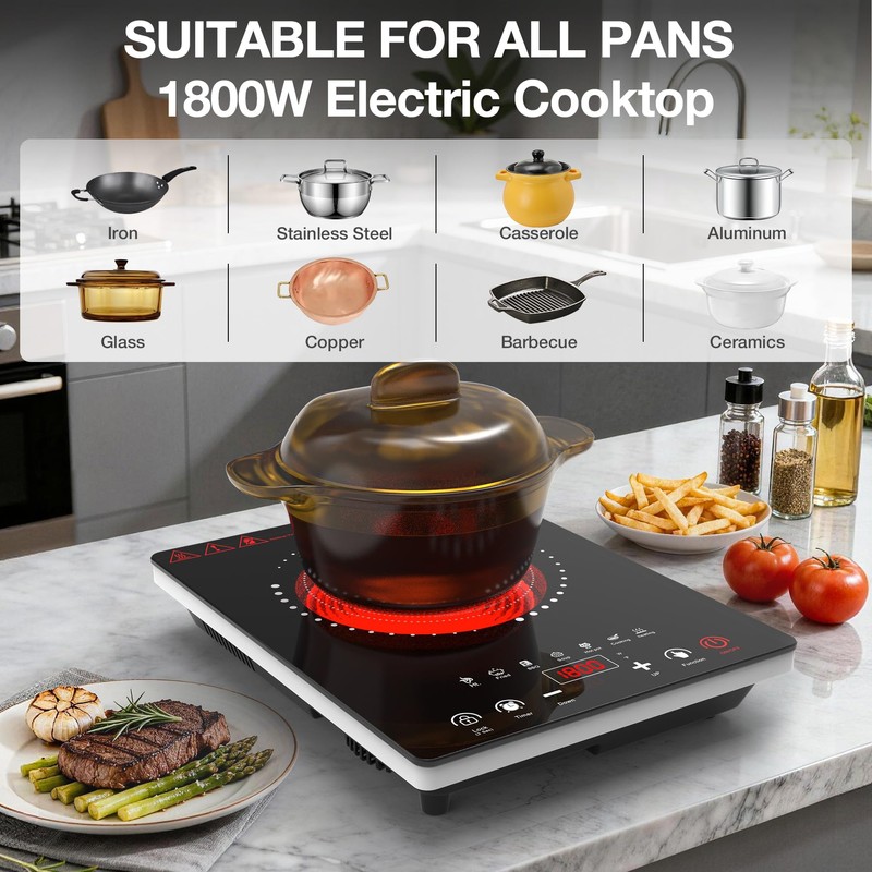 Portable Electric Cooktop GTKZW, 1800W Single Stove Burner Hot Plate