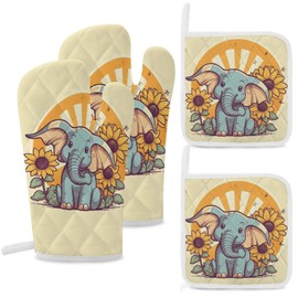 4 Pcs Oven Mitts and Pot Holders Sets Cheery Elephant Printed Oven Gloves Hot Pads Heat Resistant Kitchen Gloves Potholders for Baking Cooking Grilling BBQ