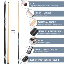 Kmise Pool Stick Set of 5, 58" 20oz Pool Cue Stick, Canadian Maple Billiard Pool Cue Stick, Professional Pool Cue for Bar House Pool Table Sports,Black.