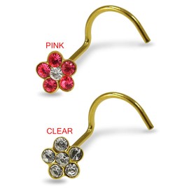 AZARIO LONDON 9K Yellow Gold Clear Multi Crystal Stone Flower 22 Gauge Nose Screw Nostril Piercing