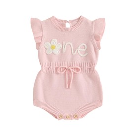 MAHUAOYIXI Infant Baby Girl 1st Birthday Sweater Rompers Newborn Baby Girls' Knit Bodysuits Flying Sleeves Letter Floral Embroidery Jumpsuit Knitwear for Baby Warm Jumper (Pink, 6-12 Months)