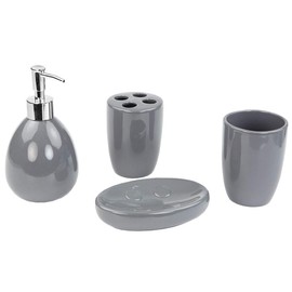 Home Basics 4-Piece Bathroom Accessory Set, Includes Soap/Lotion Dispenser, Toothbrush and Toothpaste Holder, Soap Dish, and Tumbler, Grey