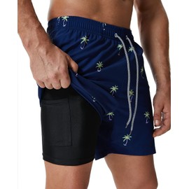 SILKWORLD Traje de baño para hombre con forro de compresión, secado rápido, pantalones cortos de natación de 5 pulgadas con bolsillos con cierre, Árbol de coco pequeño, X-Large