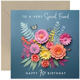 Old English Co. Special Friend 70th Birthday Card for Her - Age 70 Years Old - Gifts for Her - Dark Flower Bunch and Butterfly Artwork Birthday Card - Cute Happy Birthday Greeting Cards for Women