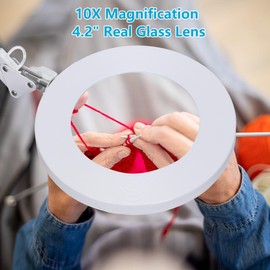 KIRKAS 10X LED Magnifying Lamp with Clamp Real Glass Lens, 3 Color Modes and Stepless Dimmable Magnifier Desk Lamp,Adjustable Swivel Arm Lighted Magnifying Glass for Repair Craft Close Work-White