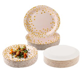 CYZBL 50 Pcs Disposable Plates, 7 Inch Gold Foil Polka Dots Paper Plates, Graduation Party Paper Plates, Party Tableware for Wedding, Children's Birthday, Camping, Picnics (Pink and Gold)