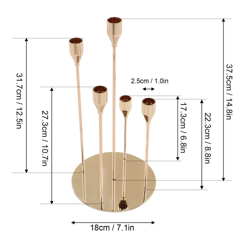 Gold Taper Candle Holders Different Heights 5 Arms Candlestick Holders